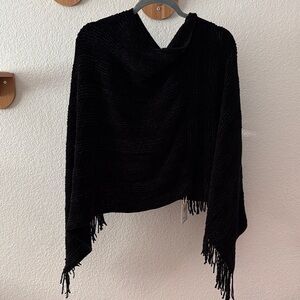 Women's Black Hooded Fringe Poncho Sweater